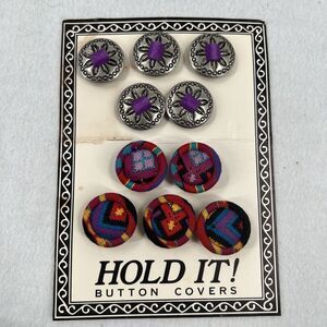 VTG Old Stock 10 Hold It Round Button Covers  Southwestern Native Silver Tone